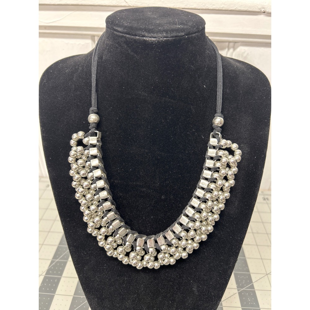 Bib Necklace Silver Tone Beads‎ Chunky Statement Boho Industrial Black Cord